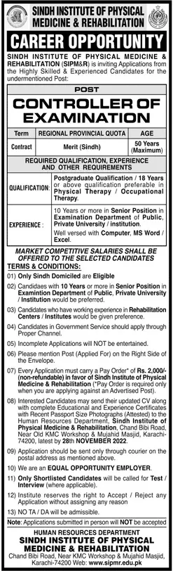 Sindh Institute of Physical Medicine and Rehabilitation Jobs Jobs 2022 — original advertisement