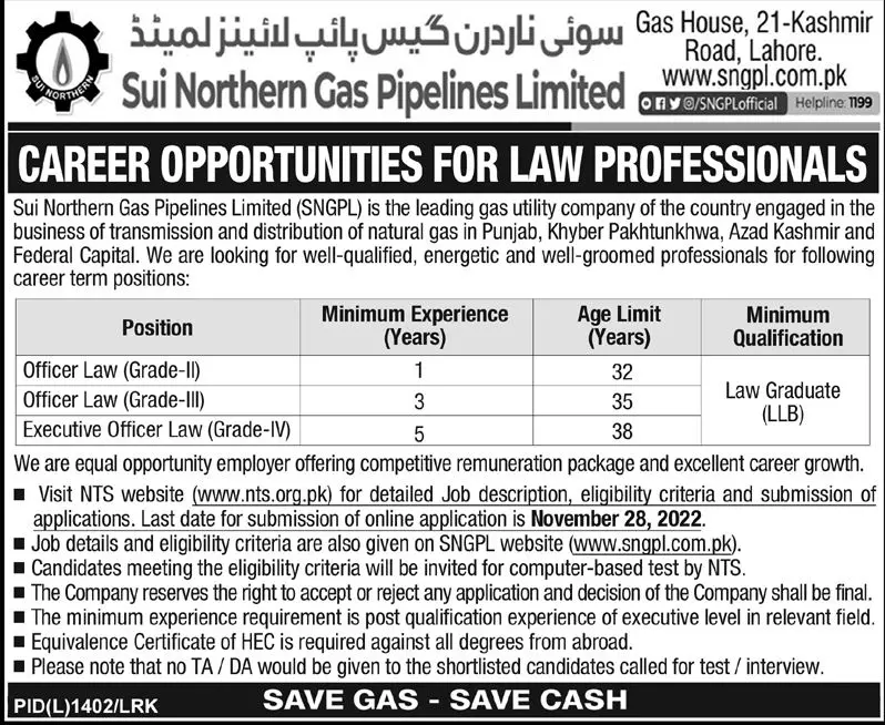 Sui Northern Gas Pipelines Limited Jobs 2022 Jobs 2022 — original advertisement