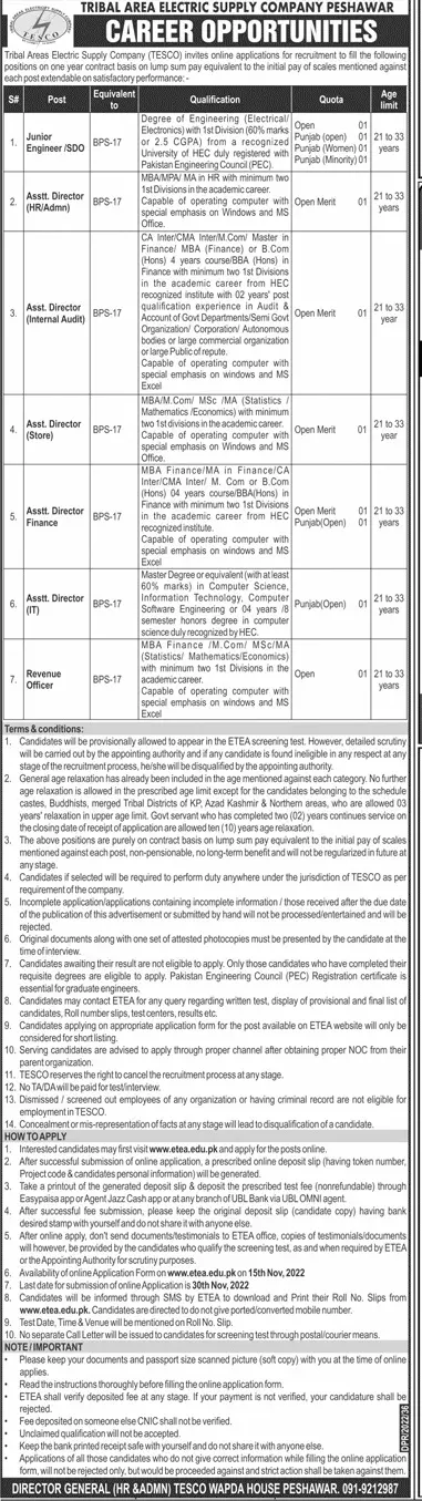 Tribal Areas Electricity Supply Company TESCO Jobs 2022 Jobs 2022 — original advertisement
