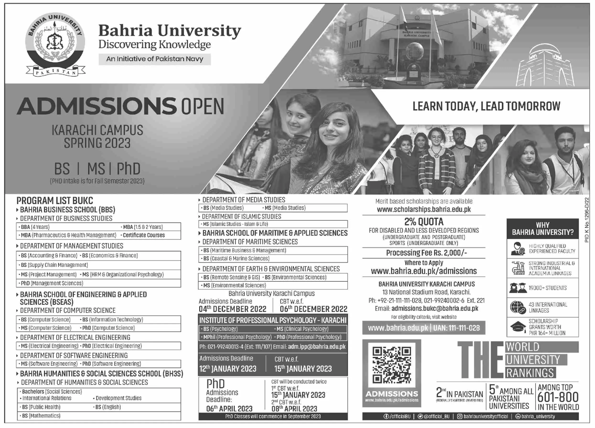 Bahria University Karachi Campus Admission 2022 Admissions 2022 — original advertisement