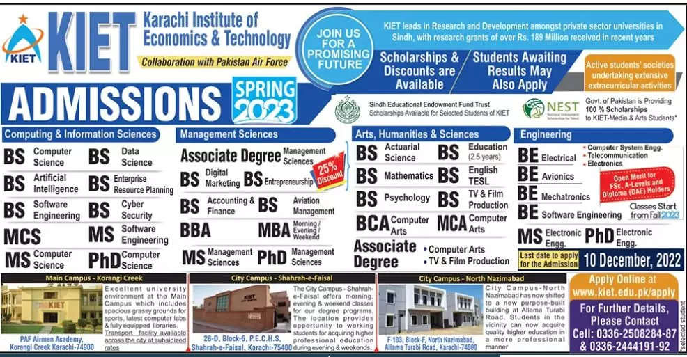 Karachi Institute of Economics & Technology Admissions 2022 – Karachi Institute of Economics and Technology KIET Admissions 2022 — original advertisement
