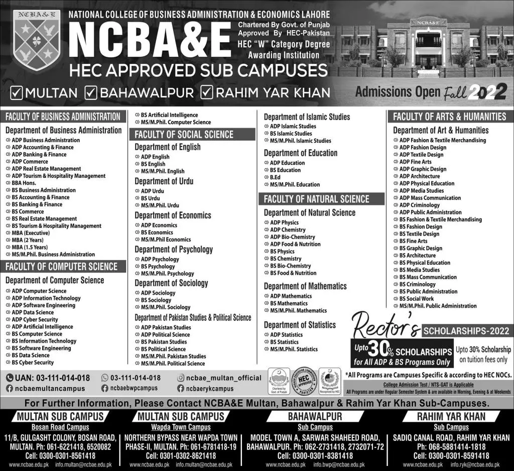 National College of Business Administration Admissions 2022 – National College of Business Administration & Economics Lahore Admissions 2022 — original advertisement