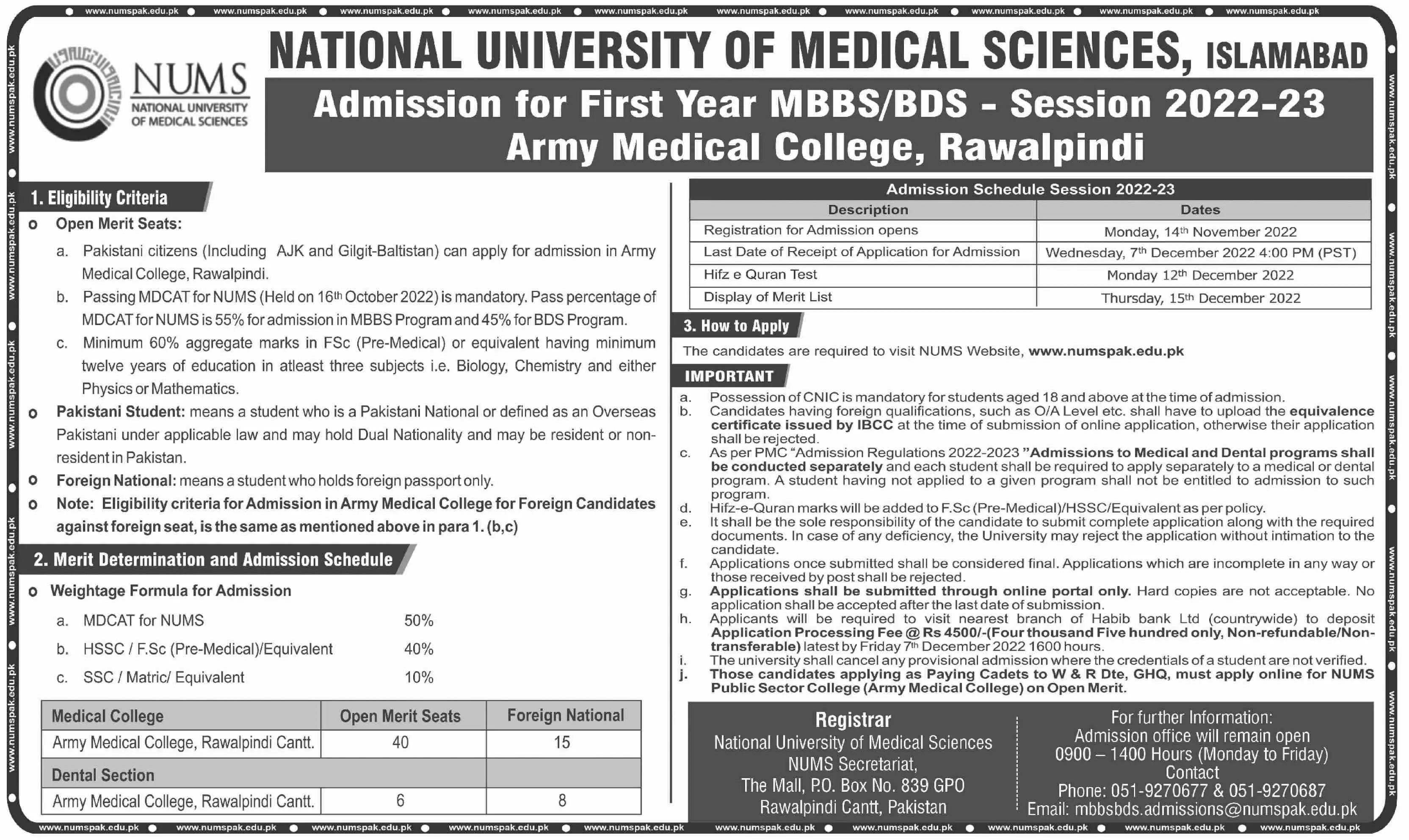 National University of Medical Sciences Islamabad Admissions – National University of Medical Science NUMS Admissions 2022 — original advertisement