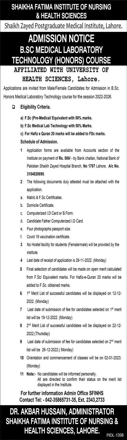 Sheikha Fatima Institute Of Nursing And Allied Admissions – Sheikha Fatima Institute Of Nursing And Allied Health Sciences Admissions 2022 — original advertisement