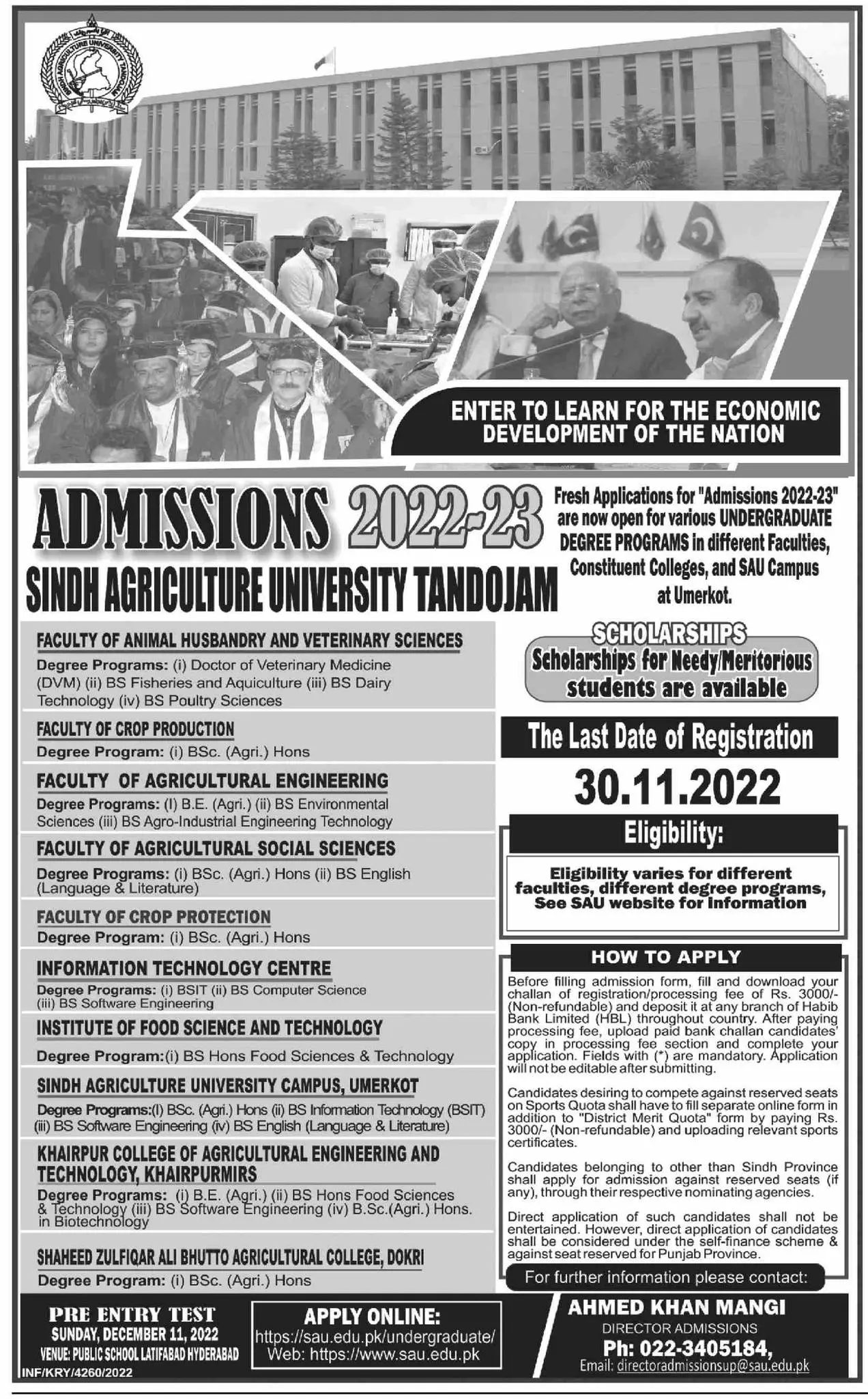 Sindh Agriculture University University Tando Jam Admission – Sindh Agriculture University Tandojam Admissions 2022 — original advertisement