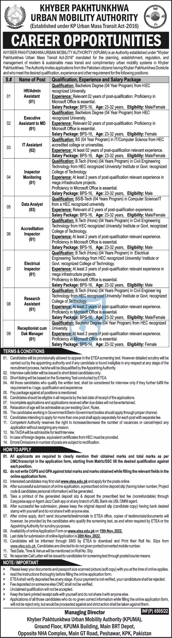 Khyber Pakhtunkhwa Urban Mobility Authority Jobs 2022 – Urban Mobility Authority Kpk Jobs 2022 — original advertisement