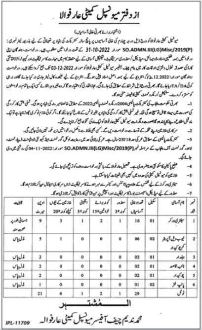 Municipal Committee Arif Wala Jobs 2022 – Muncipal Commette Jobs 2022 — original advertisement