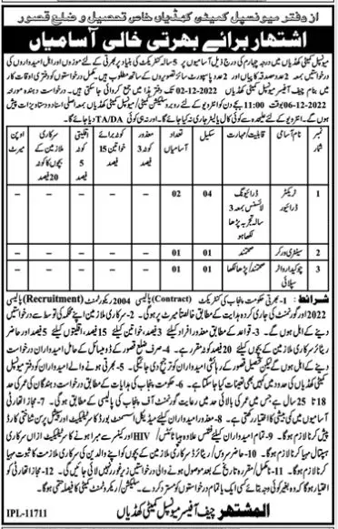 Municipal Committee Khudian District Kasur Jobs 2022 – Muncipal Commette Jobs 2022 — original advertisement