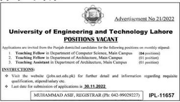 University of Engineering and Technology Lahore Jobs 2022 – University of Engineering  & Technology Lahore Jobs 2022 — original advertisement