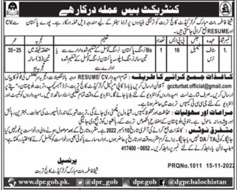 Sheikha Fatima Bint Mubarak Girls Cadet College Turbat Jobs Jobs 2022 — original advertisement