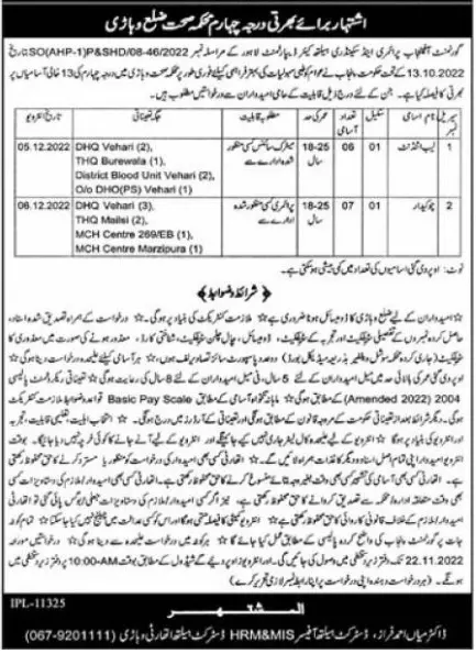 District Health Authority Vehari Jobs 2022 – Health Department Punjab Jobs 2022 — original advertisement