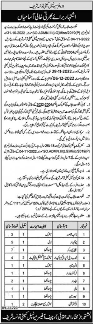 Municipal Committee Tounsa Sharif Jobs 2022 – Muncipal Commette Jobs 2022 — original advertisement