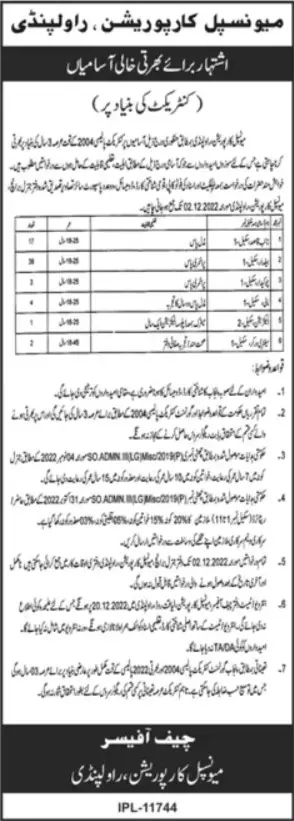 Municipal Corportion Rawalpindi Jobs 2022 – Municipal Corporation Jobs 2022 — original advertisement