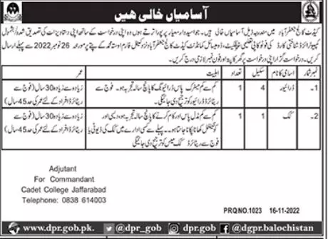 Cadet College Jaffarabad Jobs 2022 Jobs 2022 — original advertisement