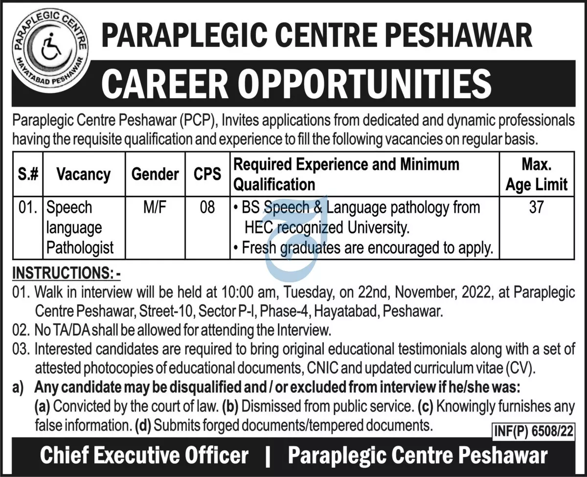 Paraplegic Center Peshawar Jobs 2022 Jobs 2022 — original advertisement