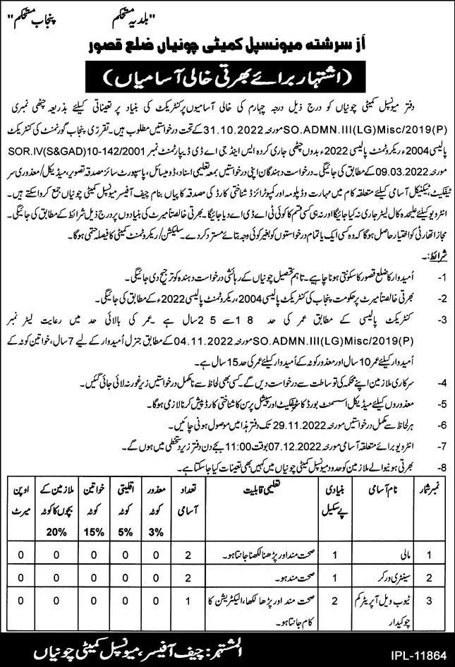 Municipal Committee Chunnyia Jobs 2022 – Muncipal Commette Jobs 2022 — original advertisement