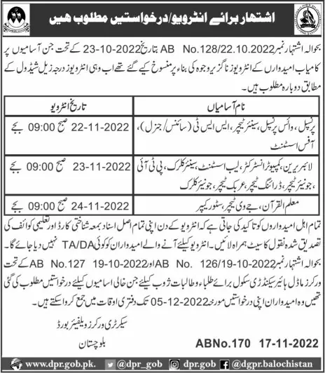 Workers Welfare Board Balochistan WWB Test Interview 2022 – Workers Welfare Board WWB Balochistan Jobs 2022 — original advertisement