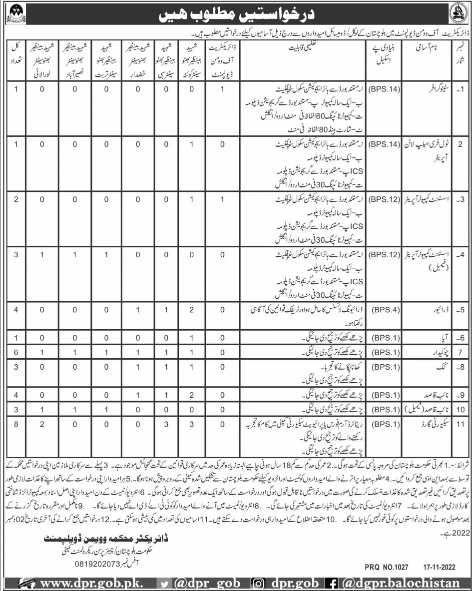 Women Development Department WDD Jobs 2022 – Women Development Department Balochistan Jobs 2022 — original advertisement