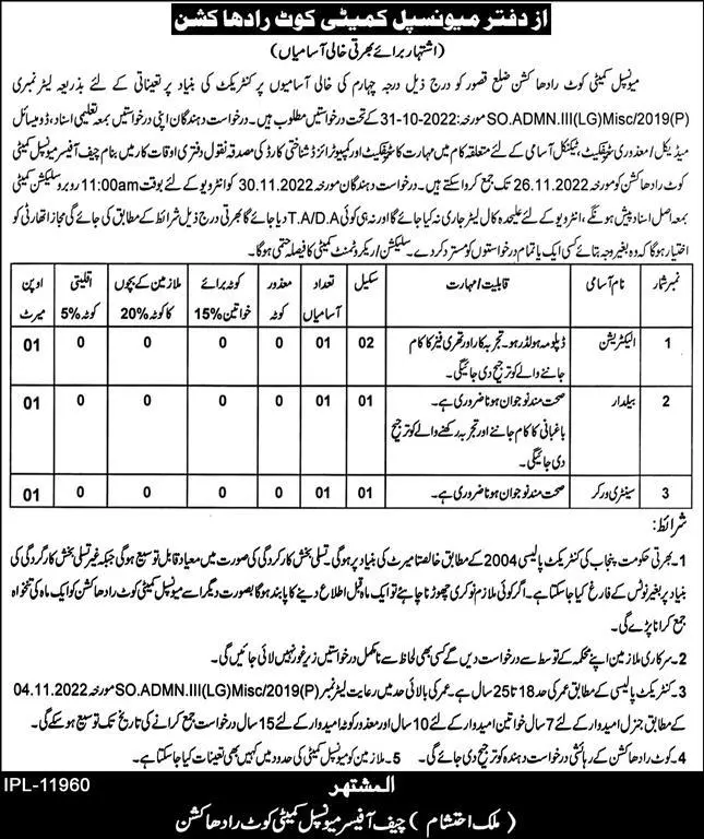 Municipal Committee Kot Radha Karashin Jobs 2022 – Muncipal Commette Jobs 2022 — original advertisement