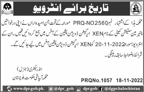 Irrigation Department Pishin scheduled test interview 2022 – Irrigation Department Balochsitan Jobs 2022 — original advertisement