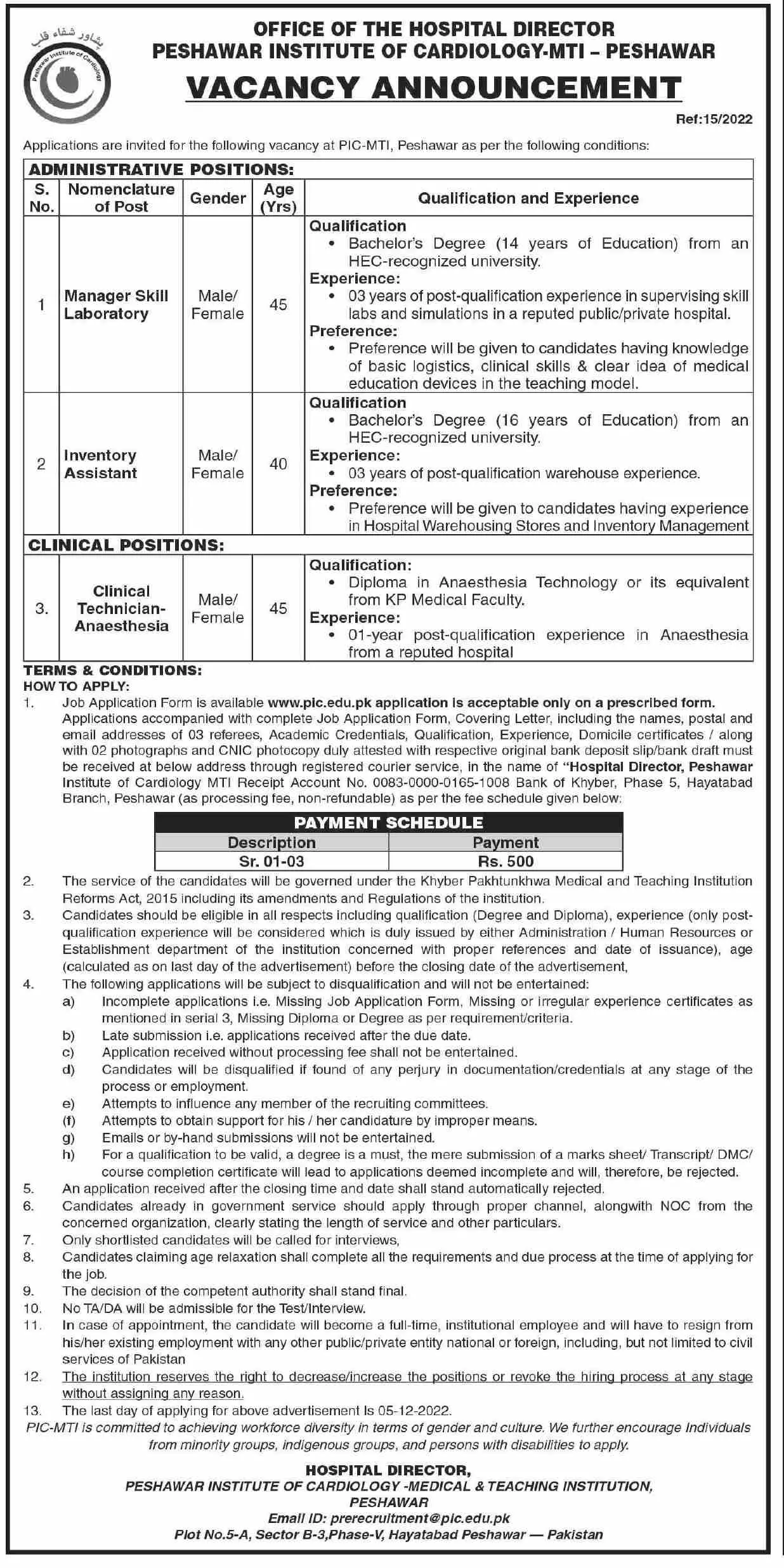 Peshawar institute of Cardiology Mti Peshawar Jobs 2022 Jobs 2022 — original advertisement