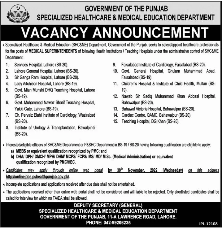 Specialized Healthcare and Medical Education Department Jobs – Specialized Healthcare And Medical Education Department Lahore Jobs 2022 — original advertisement