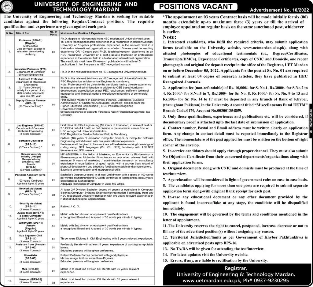 University of Engineering and Technology UET Mardan Jobs – University of Engineering and Technology Mardan Jobs 2022 — original advertisement