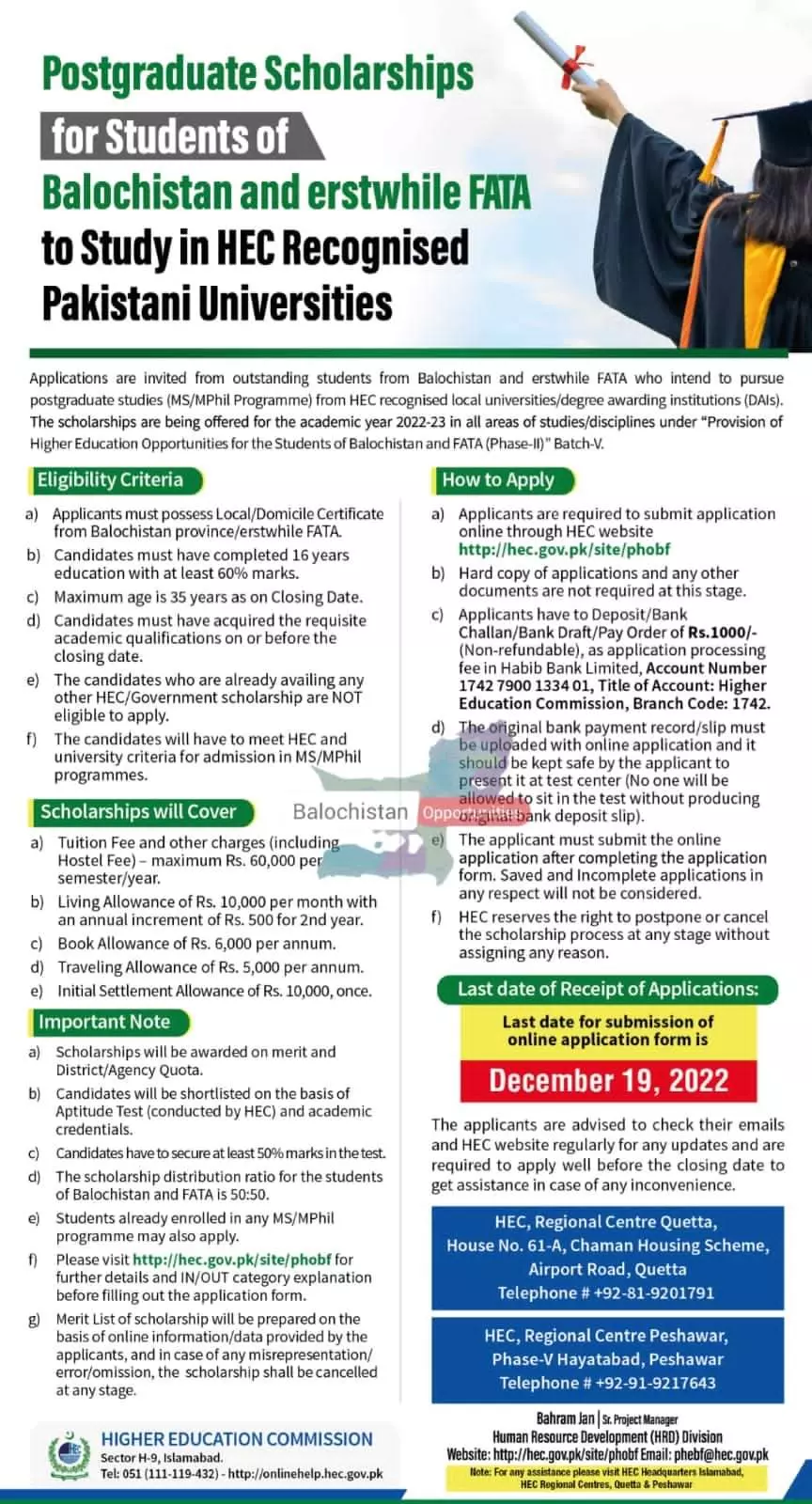 HEC Balochistan Postgraduate Scholarship 2022 – Higher Education Commission Islamabad Scholarships 2022 — original advertisement