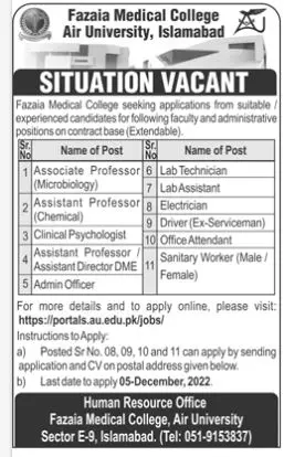 Fazaia Medical College Air University Islamabad Jobs 2022 – Air University Multan Campus Jobs 2022 — original advertisement