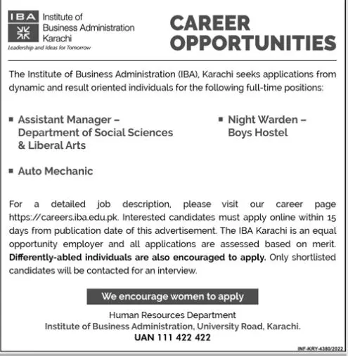 Institute of Business Administration IBA Jobs 2022 – IBA Karachi Jobs 2022 — original advertisement