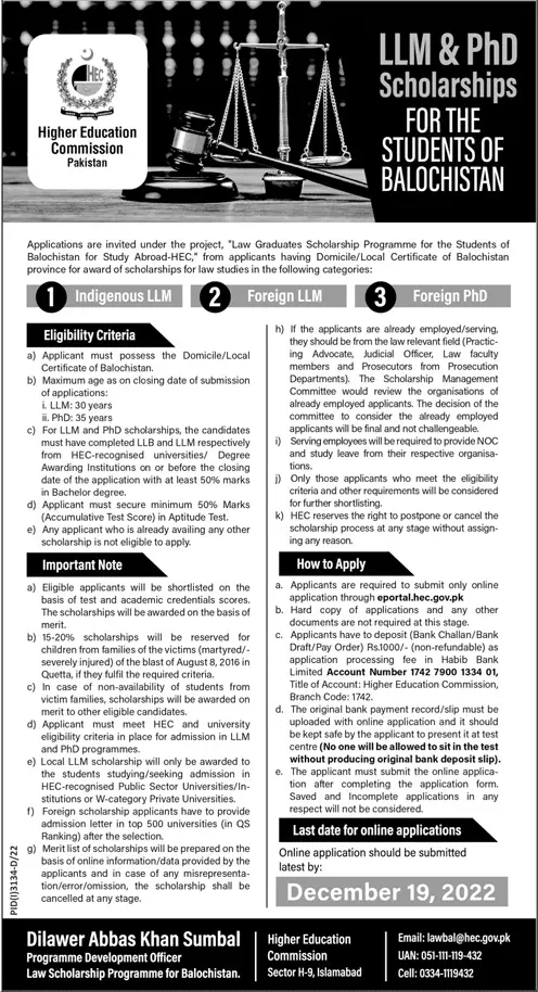 LLM & PHD Scholarships for Student of Balochistan 2022 – Higher Education Commission Islamabad Scholarships 2022 — original advertisement