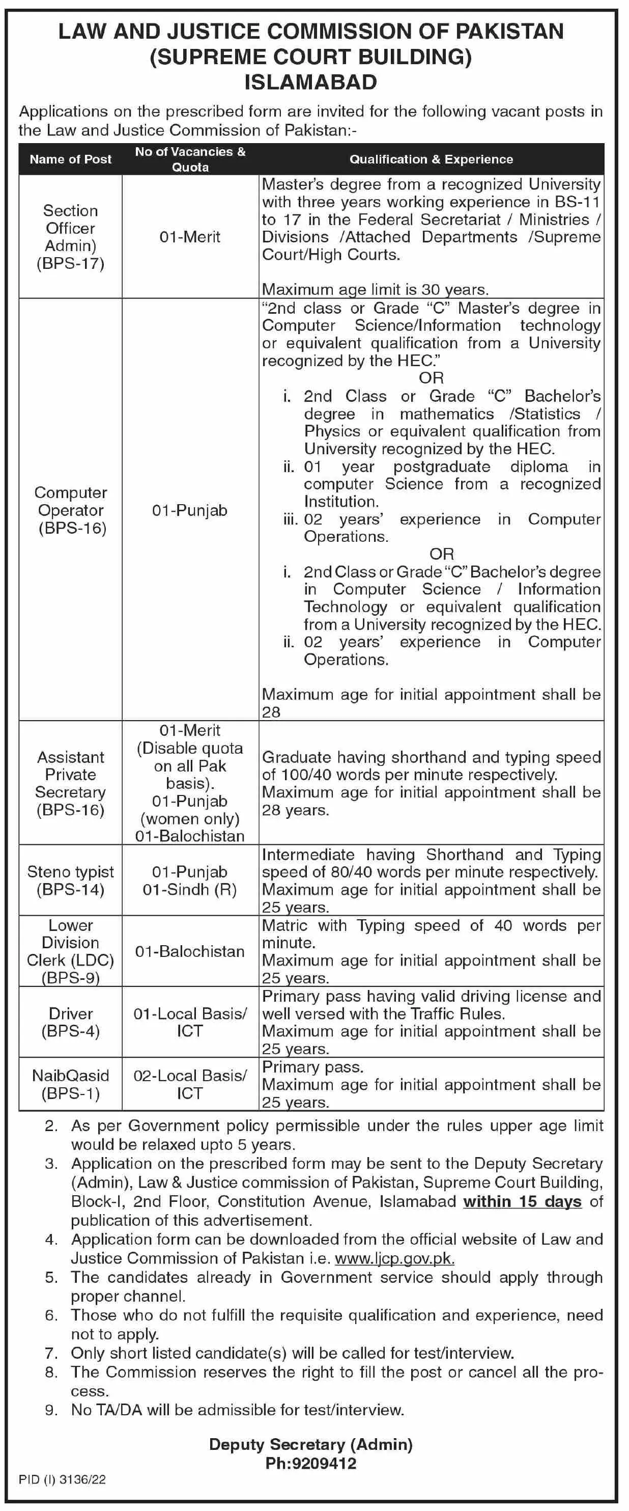 Law and Justice Commission of Pakistan Jobs 2022 Jobs 2022 — original advertisement