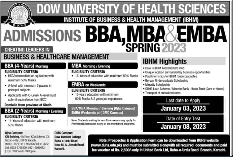 Dow University of Health Sciences Karachi Admission 2022 Admissions 2022 — original advertisement
