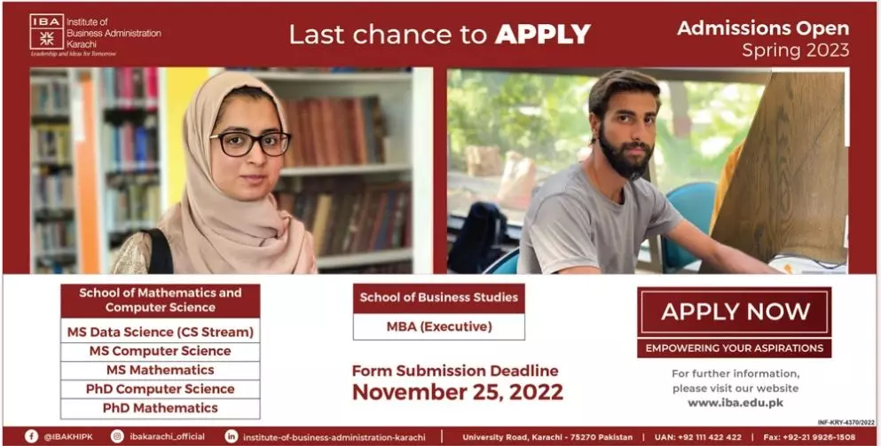 Institute of Business Administration Admissions 2022 – IBA Karachi Admissions 2022 — original advertisement