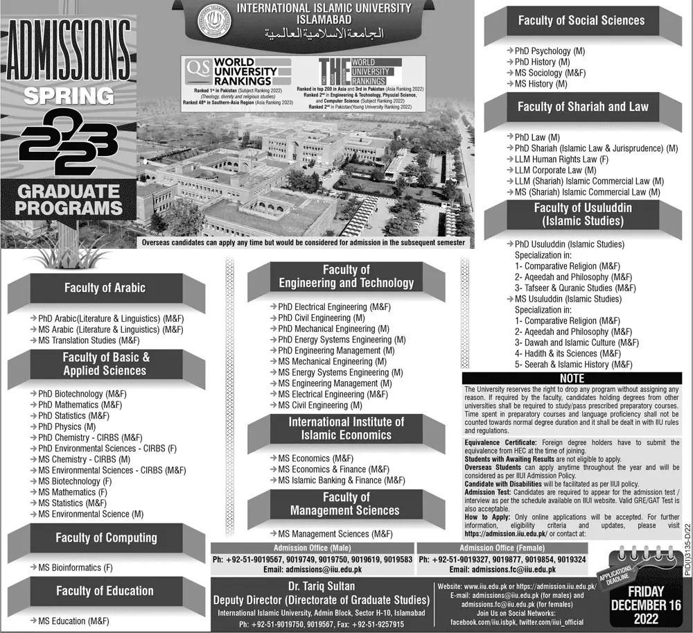International Islamic University Islamabad Admissions 2022 Admissions 2022 — original advertisement