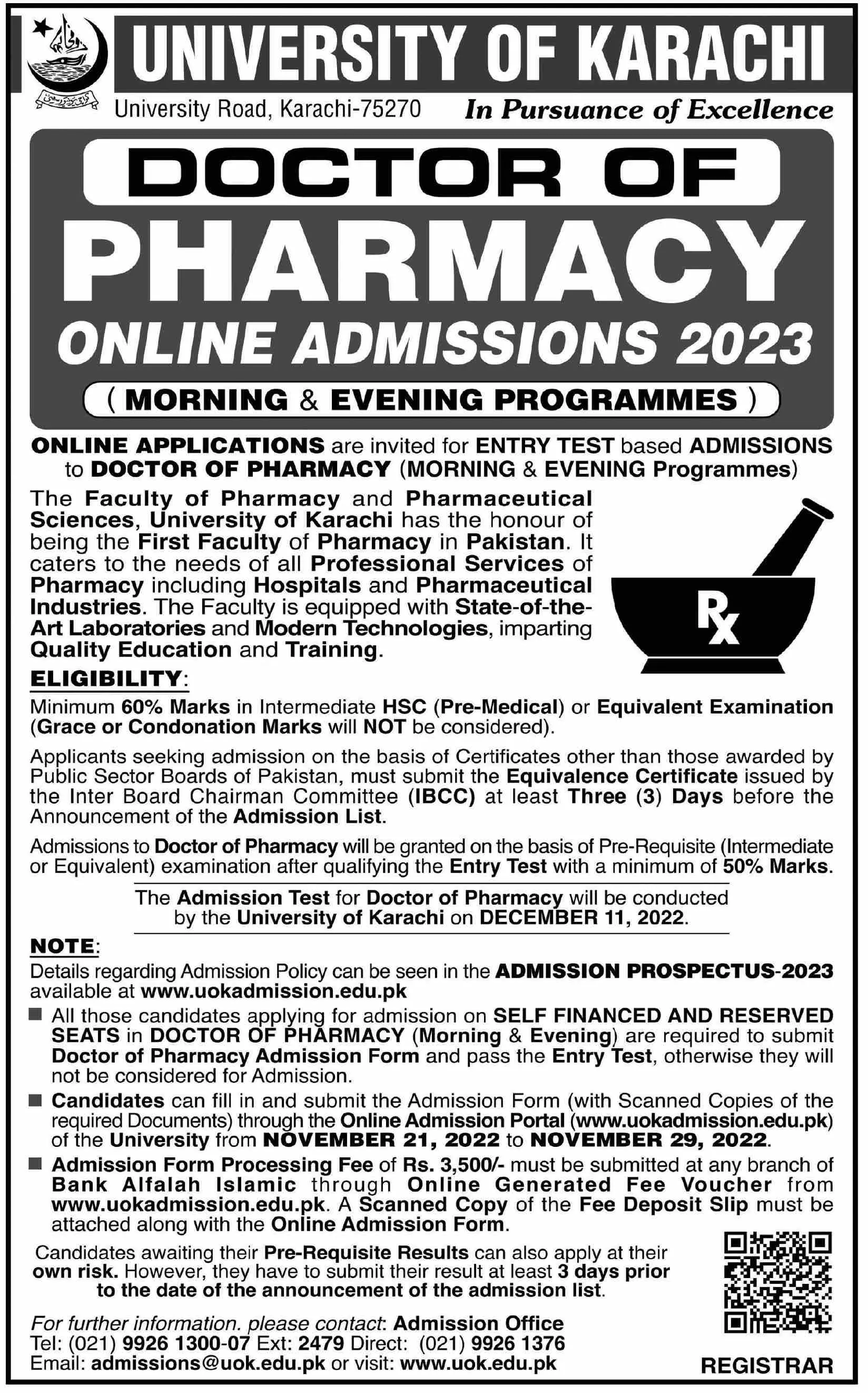 University of Karachi Admissions 2022 Admissions 2022 — original advertisement