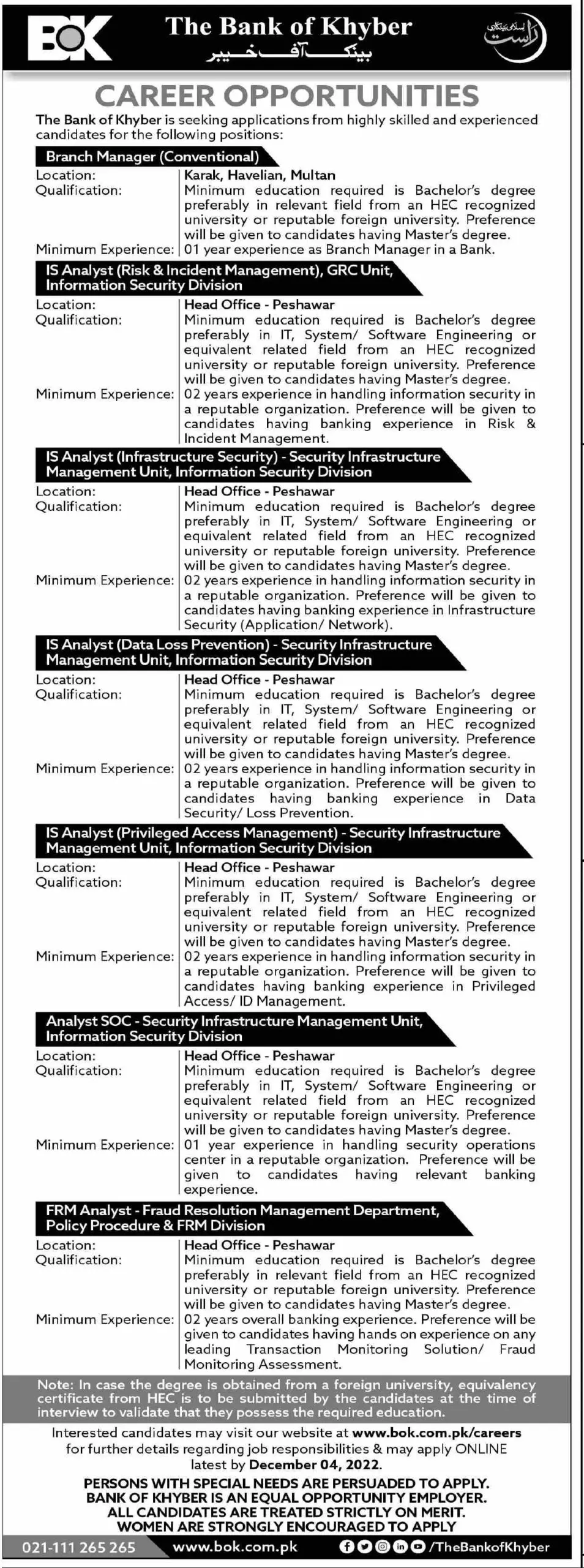 Bank of Khyber Bok Job 2022 Jobs 2022 — original advertisement