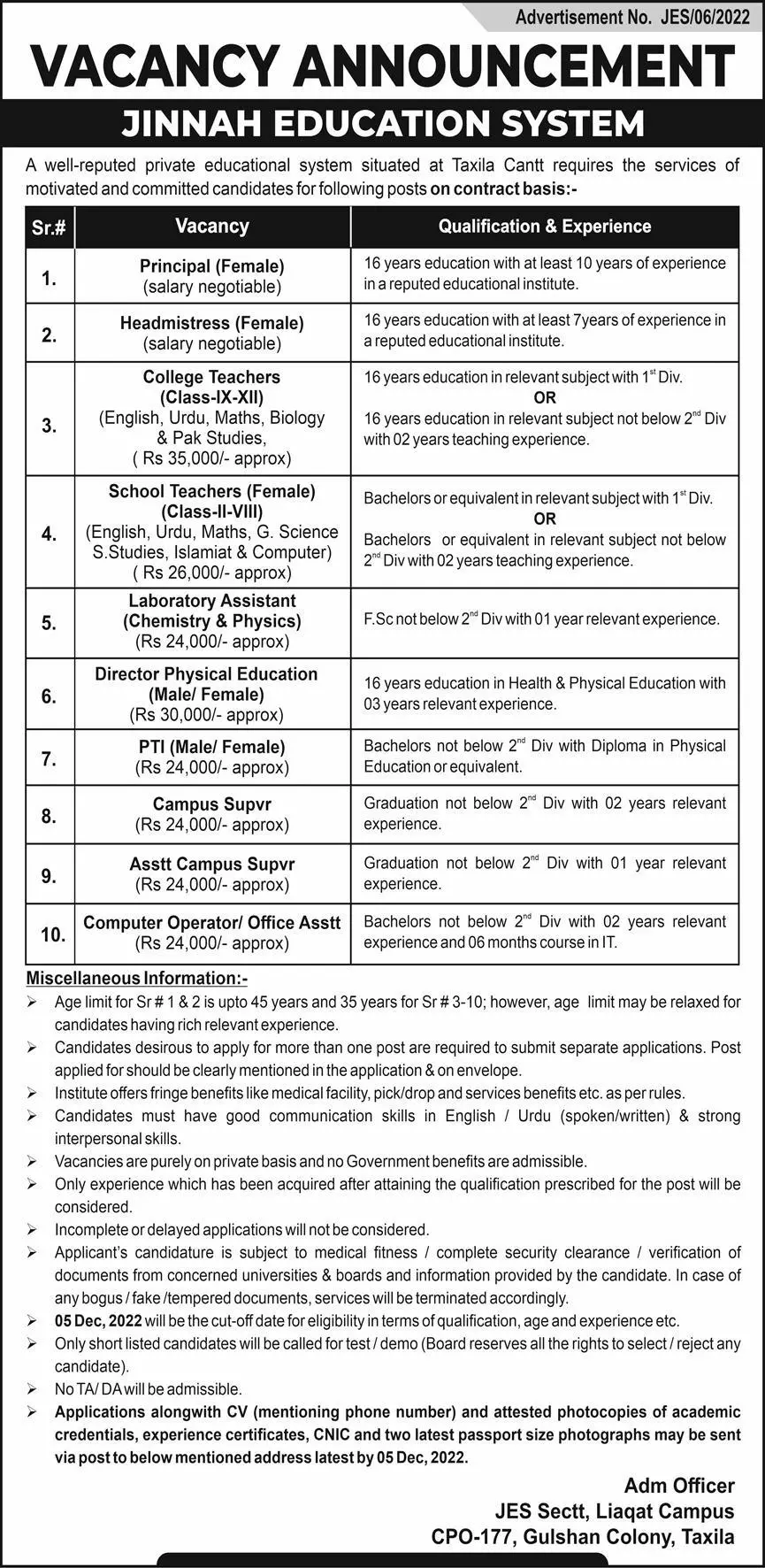 Jinnah Education System Jes Jobs 2022 Jobs 2022 — original advertisement