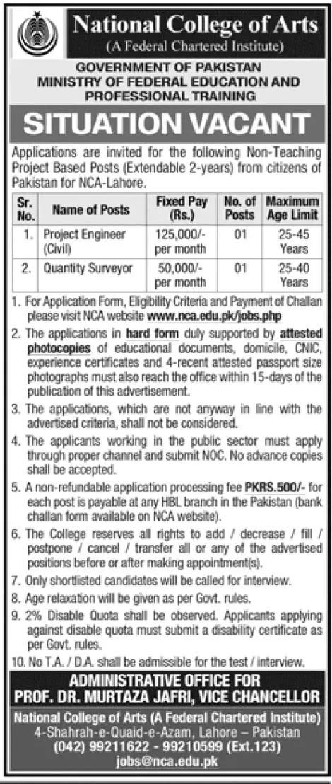 National College of Arts NCR Lahore Jobs 2022 – National College of Arts, NCA Lahore Jobs 2022 — original advertisement