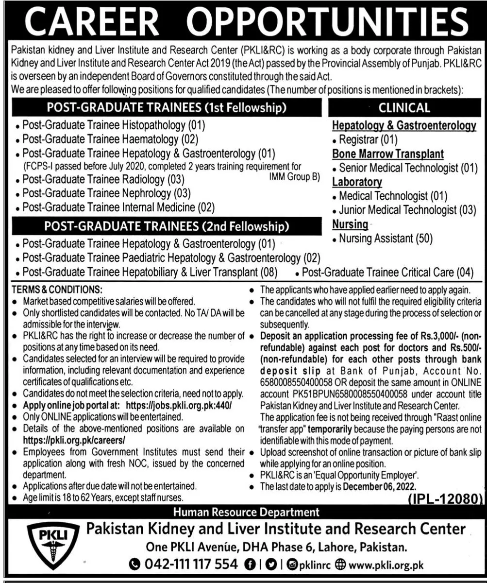 Pakistan Kidney And Liver Institute And Research Center Jobs – Pakistan Kidney And Liver Institute (PKLI) And Research Centre Lahore Jobs 2022 — original advertisement