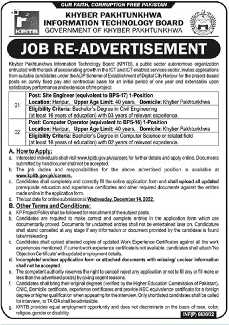 Khyber Pakhtunkhwa information Technology Board Jobs 2022 – Khyber Pakhtunkhwa Information Technology Board (KPITB) Peshawar Jobs 2022 — original advertisement