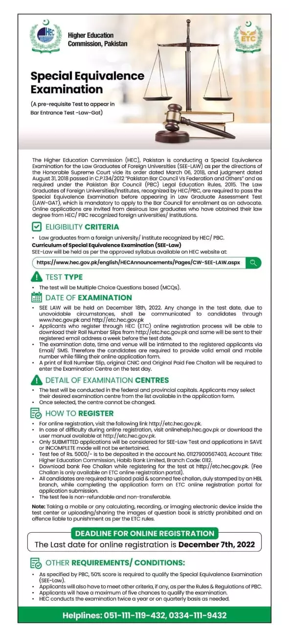 HEC Special Equivalence Exam for Foreign universities – Higher Education Commission Islamabad Jobs 2022 — original advertisement