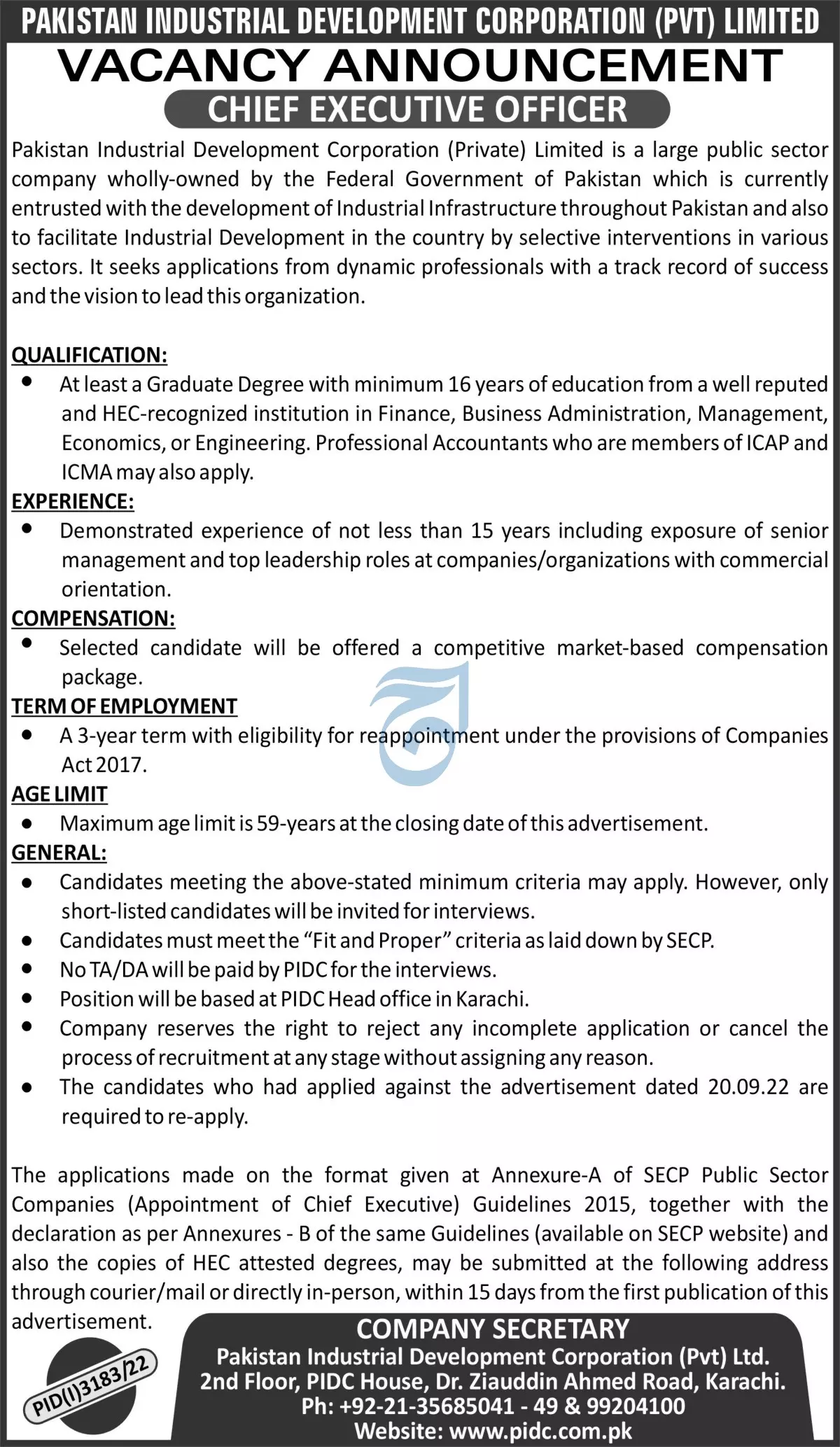 Pakistan industrial Development Corporation PVT Limited Jobs – Private Company Jobs 2022 — original advertisement