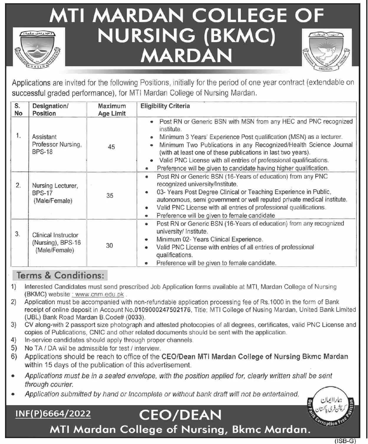 MTI College of Nursing BKMC Mardan Jobs 2022 Jobs 2022 — original advertisement