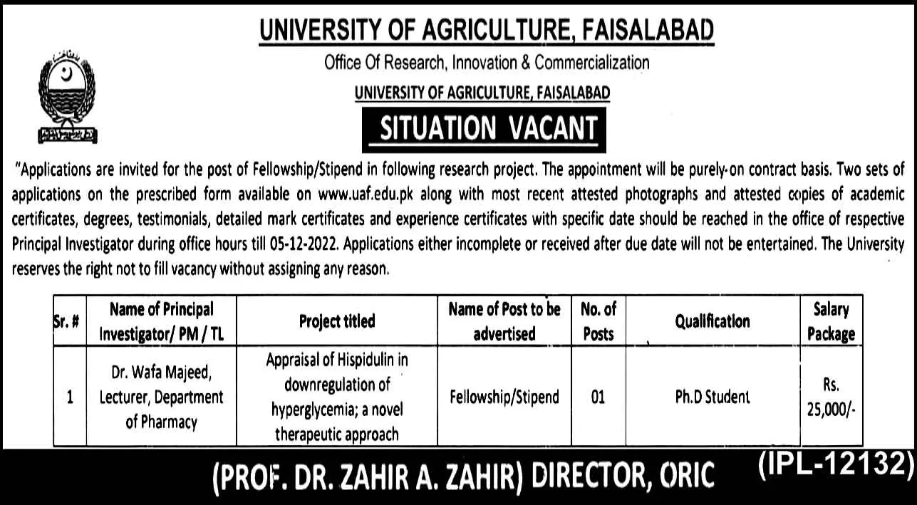 University of Agriculture Faisalabad Jobs 2022 Scholarships 2022 — original advertisement