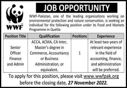 World Wildlife Fund WWF Quetta Jobs 2022 – World Wide Fund WWF Pakistan Jobs 2022 — original advertisement