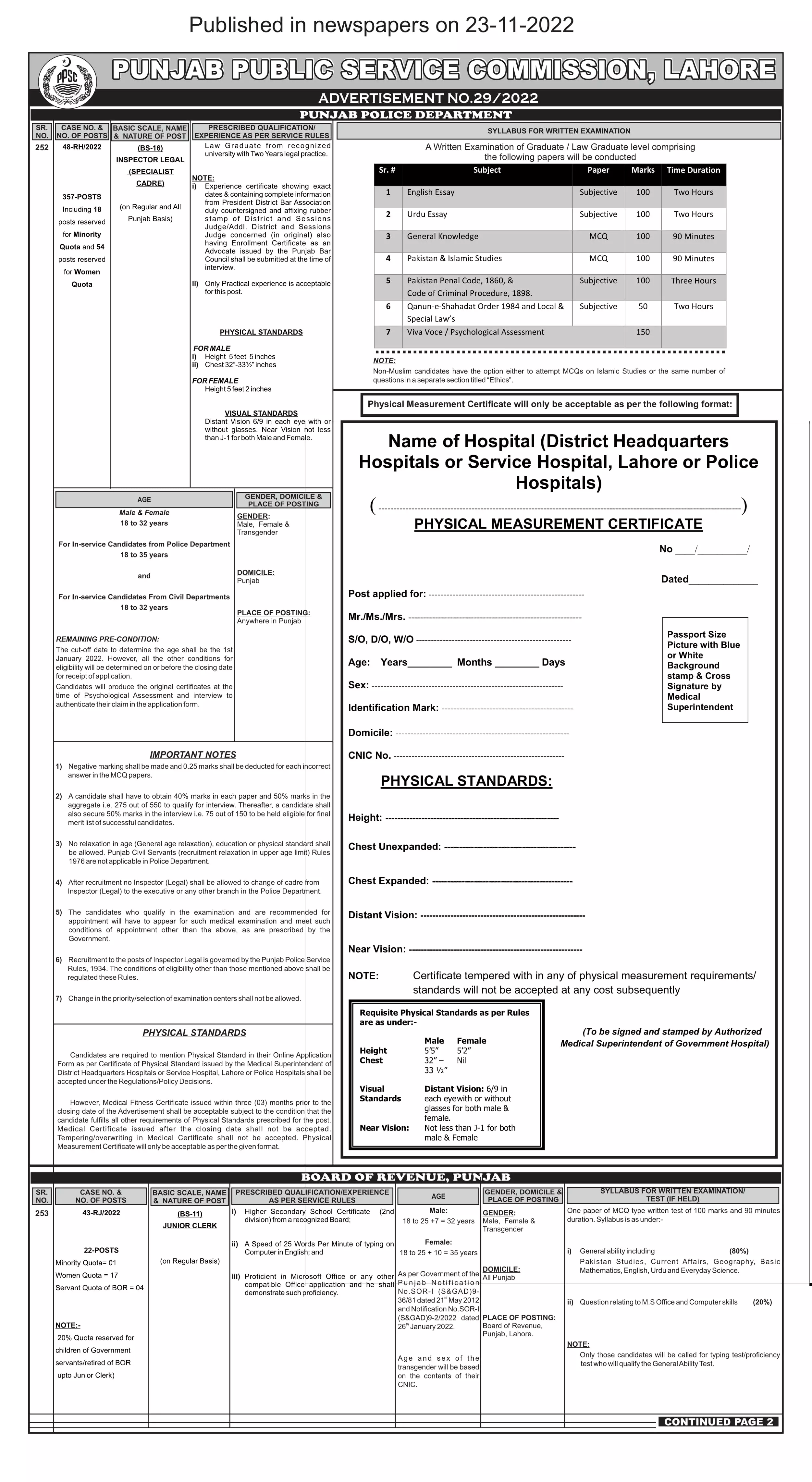 Punjab Public Service Commission Jobs 29/2022 – Punjab Public Service Commission Lahore Jobs 2022 — original advertisement