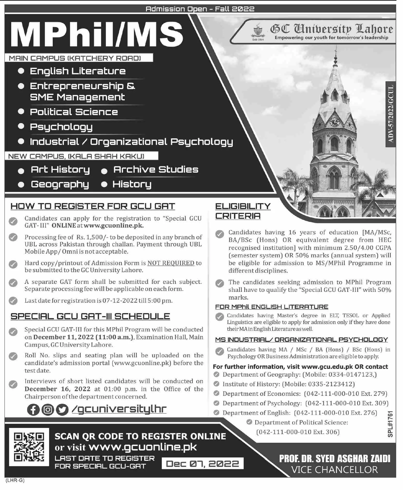 Government University GC Lahore Admission 2022 – Government College University Lahore Admissions 2022 — original advertisement