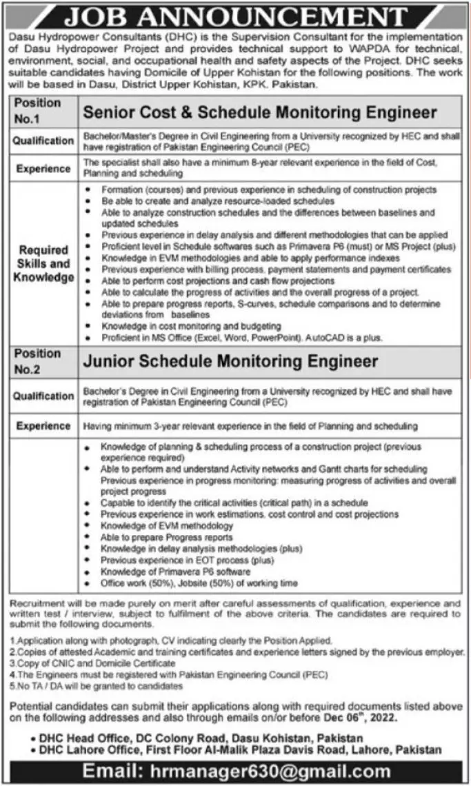 Dasu Hydropower Consultants (DHC) Jobs 2022 Jobs 2022 — original advertisement