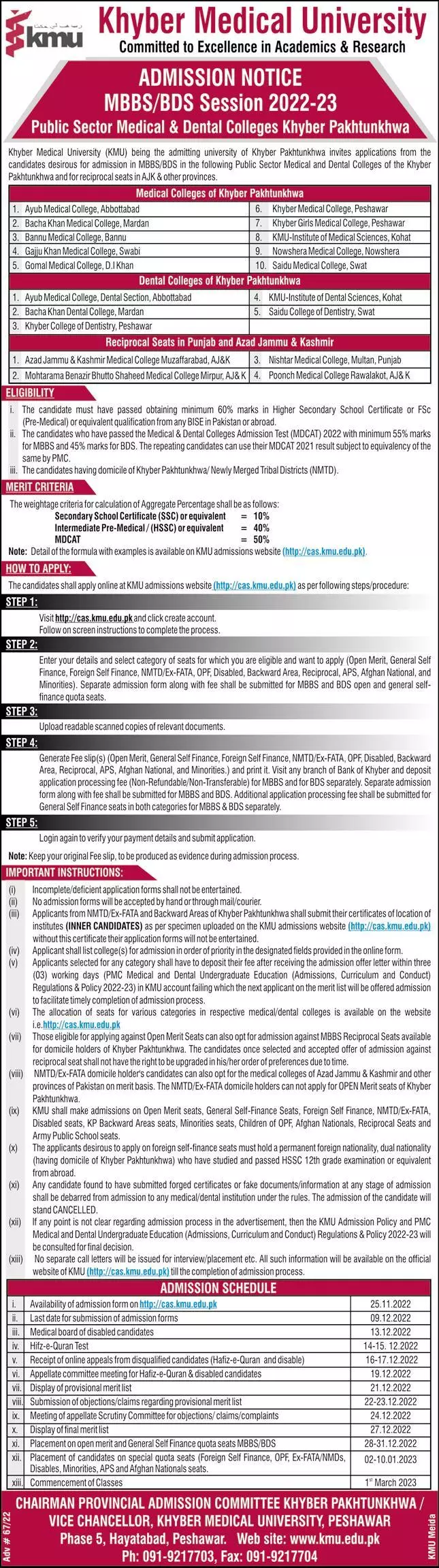 Khyber Medical University KMU Peshawar Admissions 2022 – Khyber Medical University Peshawar Admissions 2022 — original advertisement